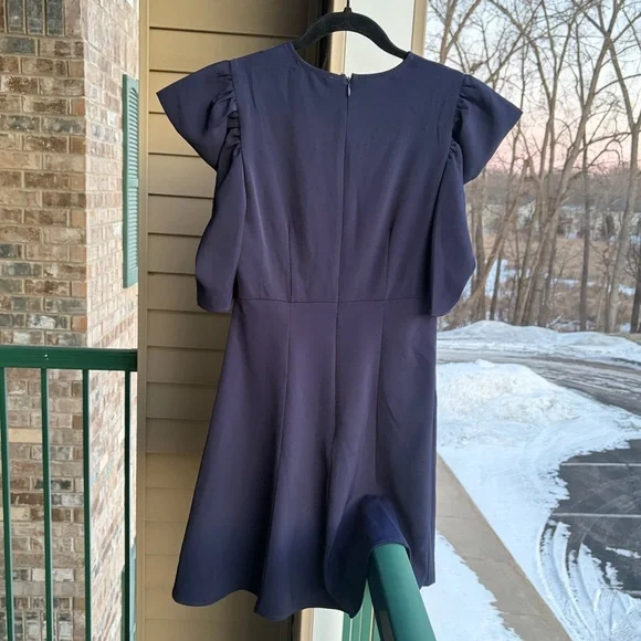 🆕 AQUA Navy Blue Flutter Sleeve Fit & Flare Dress XS Stretchy Short Sleeve Midi - Picture 4 of 15